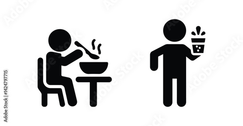 icon man eating and drinking, stickman holding glass of water, sitting at table, dining illustration
