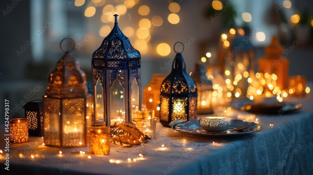 Obraz premium Festive table setting with lanterns and lights