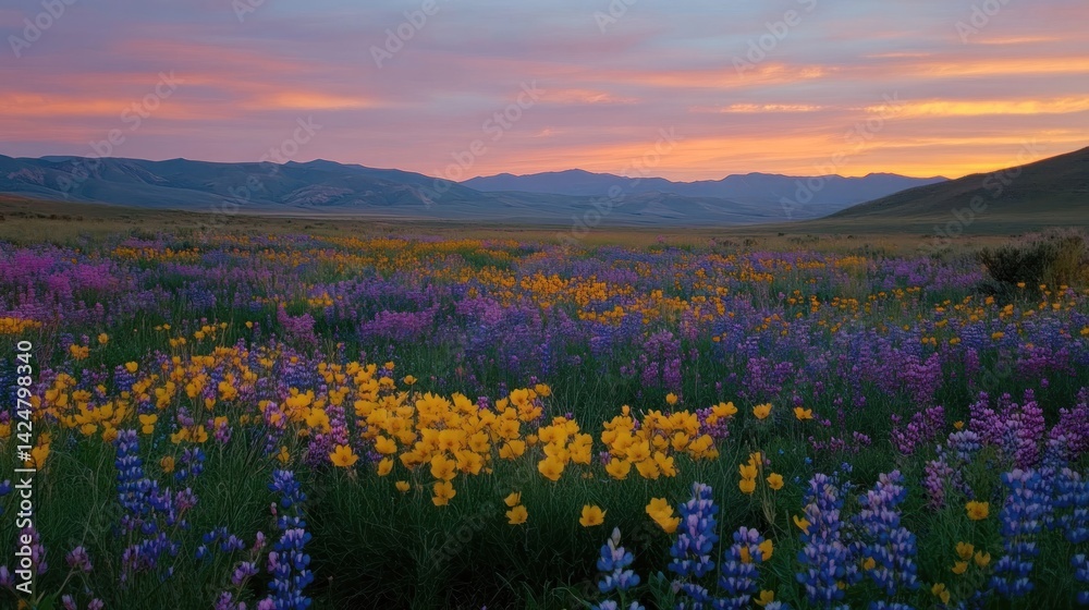 Fototapeta premium Serene Sunset over a Vibrant Wildflower Meadow