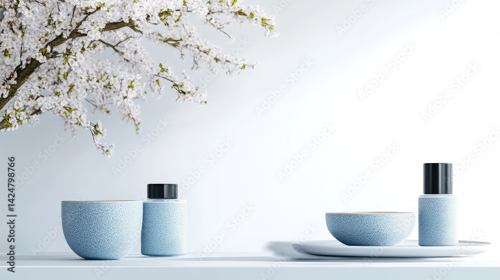 A minimalist, serene spa scene with light blue containers, a white tray and delicate cherry blossoms A minimalist, serene spa scene with light blue containers, a white tray and delicate cherry blossoms