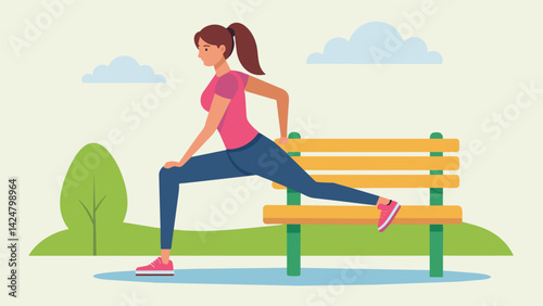 A woman using a park bench as a prop for a standing leg lift targeting her and thighs.. Vector illustration