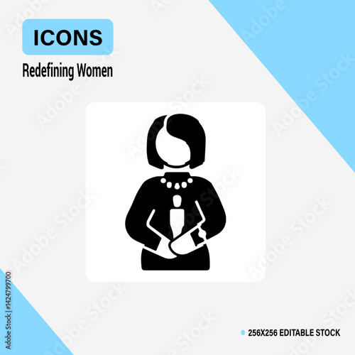 Icon of Redefining Woman: A minimalistic black and white icon showcases a woman, designed to capture the essence of female empowerment, elegance, and professional style. 
