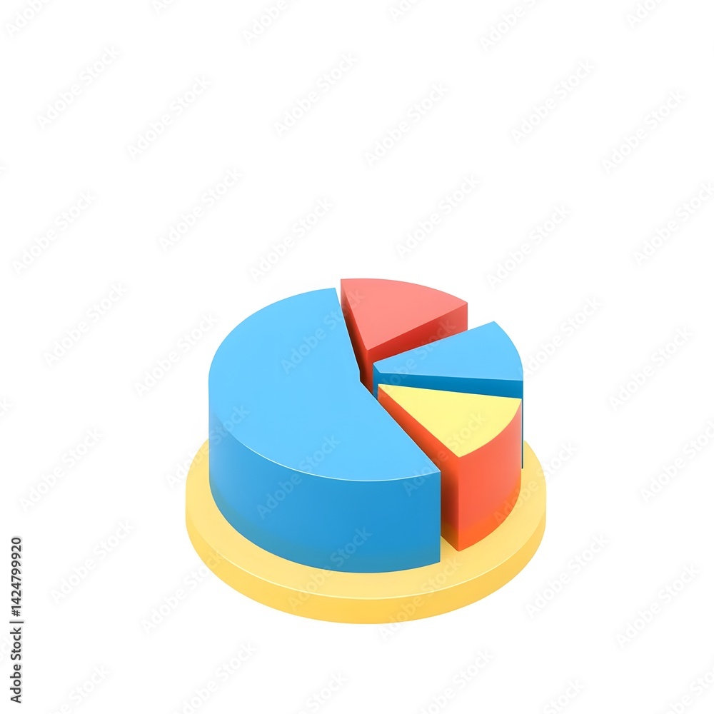 Obraz premium Pie Chart with Sections in Blue, Red, Orange and Yellow 3D Style