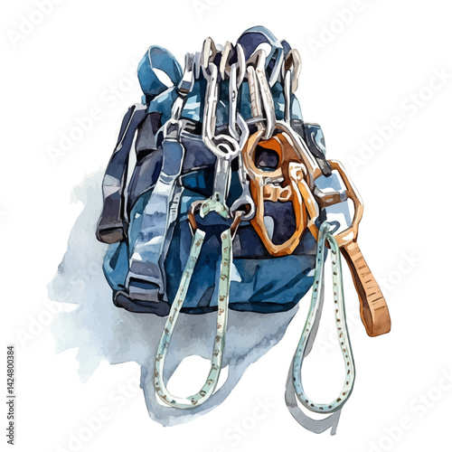 Rock climber's quickdraws and harness, watercolor illustration, isolated on a white background.

