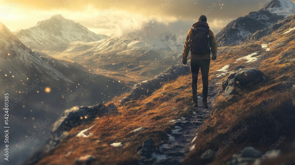A solitary hiker traversing a scenic mountain trail at sunset A solitary hiker traversing a scenic mountain trail at sunset