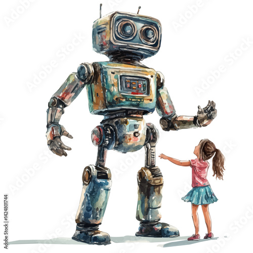 Robot teaching dance to kids, watercolor illustration, isolated on a white background.

