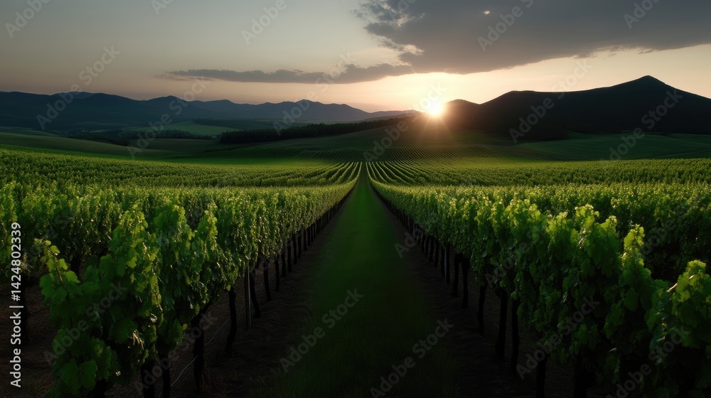 Naklejka premium Lush vineyard rows stretch towards a sunset over rolling hills