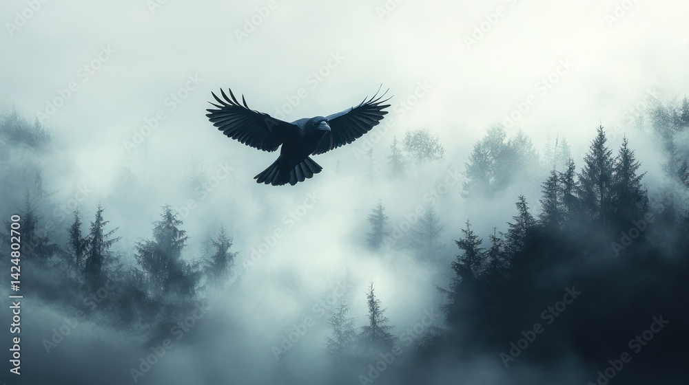 Fototapeta premium A Raven's Flight Through Misty Mountains: A Dark and Mysterious Scene