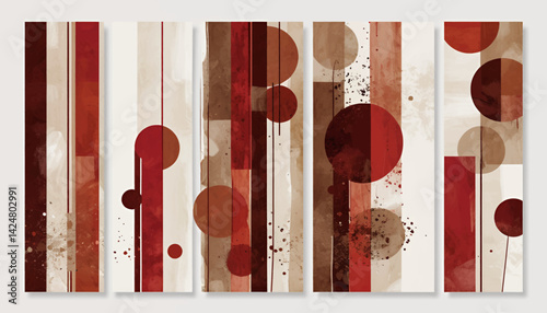 Abstract Geometric Art Print Set_Modern Wall Decor with Circles and Stripes_Brown and Red Tones_Contemporary Home Interior Design_Gallery Wall Art Idea