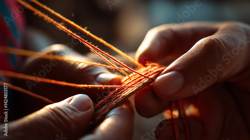 Peruvian weaver using ancient techniques, close-up of hands weaving bright threads, mountain light behind, cultural heritage feel