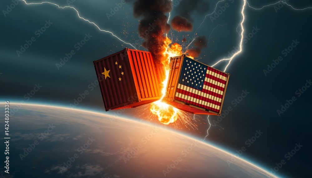 Naklejka premium Trade War Usa and China Containers Conflict Burning