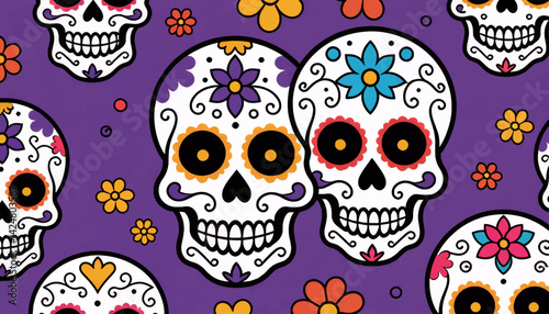 Day of the Dead Skulls and Flowers Pattern_Colorful Dia de los Muertos Art_Festive Halloween Design_Sugar Skull Illustration_Purple Background_Mexican Holiday Decor