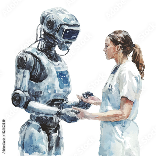 Robot nurse assisting a patient, watercolor illustration, isolated on a white background.


