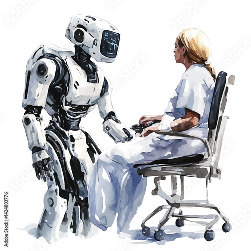 Robot nurse assisting a patient, watercolor illustration, isolated on a white background.

