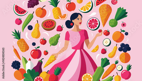 Healthy Lifestyle Illustration_Woman Surrounded by Fruits and Vegetables_Nutrition and Wellness_Eat Your Colors_Vibrant and Fresh_Diet Tips_Health Conscious Living