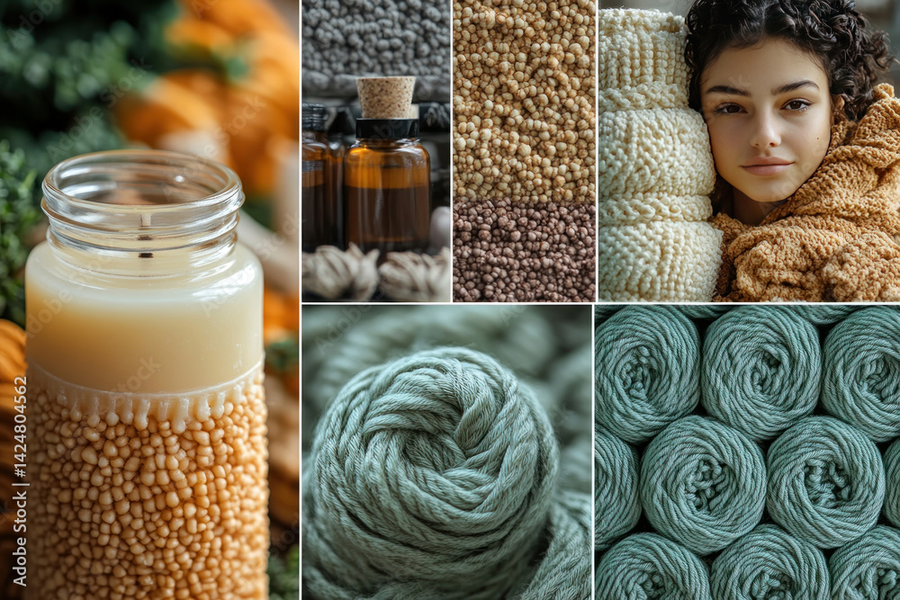 A collage dedicated to coziness and natural materials, combining elements of handmade, natural cosmetics and yarn.