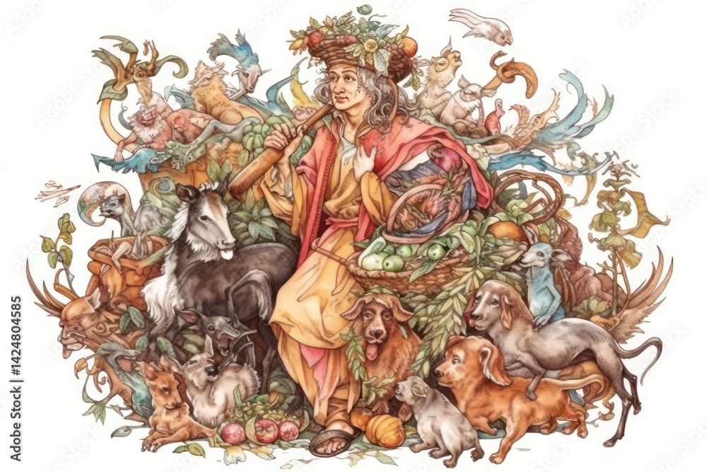 a fairytale character dressed in bright clothes, sitting among many animals and baskets of fruits and vegetables.