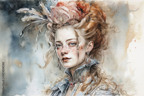 Obraz na płótnie An elegant watercolor portrait of a young woman in a luxurious 18th century dress, decorated with frills, cameos and intricate accessories. w salonie
