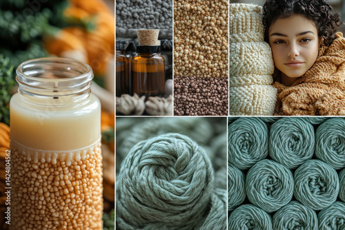 Obraz na płótnie A collage dedicated to coziness and natural materials, combining elements of handmade, natural cosmetics and yarn. w salonie