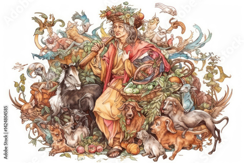 Obraz na płótnie a fairytale character dressed in bright clothes, sitting among many animals and baskets of fruits and vegetables. w salonie