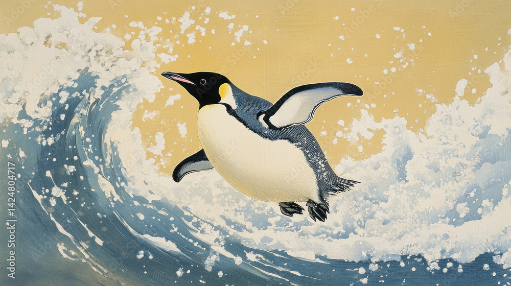 A bright and expressive illustration of a penguin jumping out of an ocean wave against a golden sky.