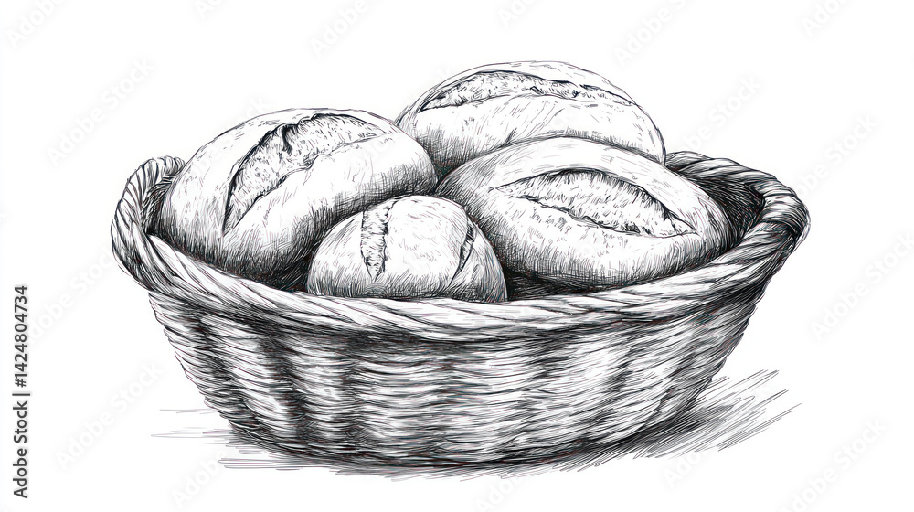 Black and white line art illustration depicts a basket of round loaves of bread. Carefully drawn details add realism and texture to the drawing.