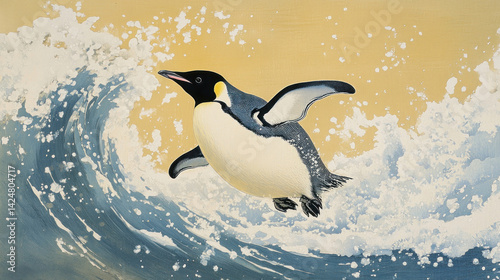 Obraz na płótnie A bright and expressive illustration of a penguin jumping out of an ocean wave against a golden sky. w salonie