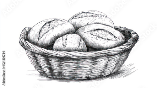 Obraz na płótnie Black and white line art illustration depicts a basket of round loaves of bread. Carefully drawn details add realism and texture to the drawing. w salonie