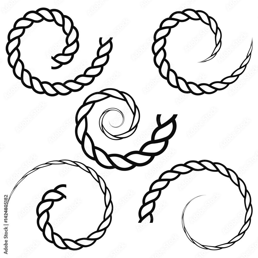Twisted rope swirls. Dynamic marine shapes. Nautical abstract design. Black and white vector.