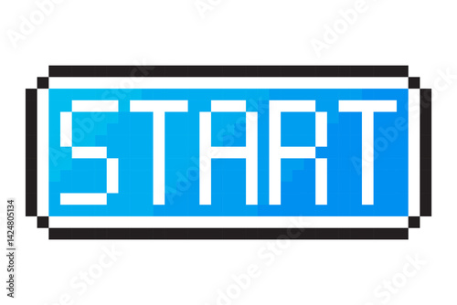 Start button icon. Pixel start text. Blue gradient background. Vector retro symbol.