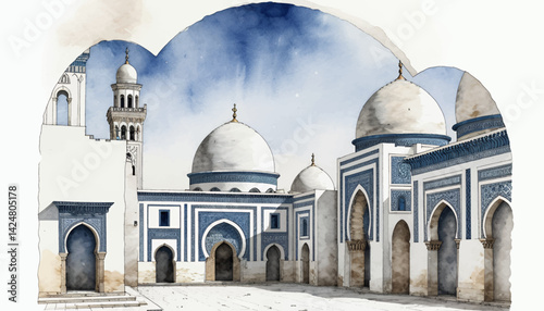 Watercolor Painting of a Mosque_Islamic Architecture with White Domes and Intricate Blue Patterns_Travel Art of a Beautiful Religious Building_Architectural Illustration