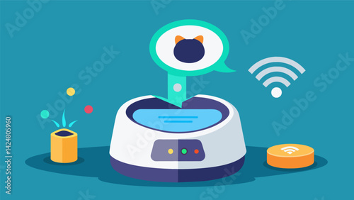 A smart litter box that selfcleans and sends notifications to your phone when it needs to be emptied.. Vector illustration