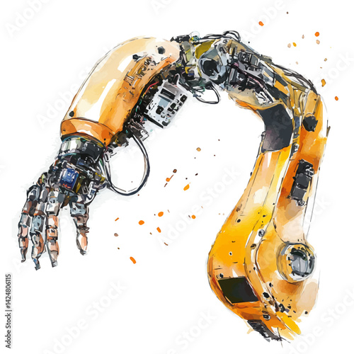 Robotic arm assembling electronics, watercolor illustration, isolated on a white background.

