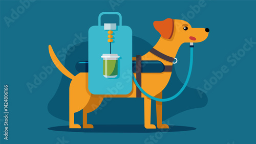A handsfree backpack hydration system with a detachable water bowl for your active pup on hikes or runs.. Vector illustration