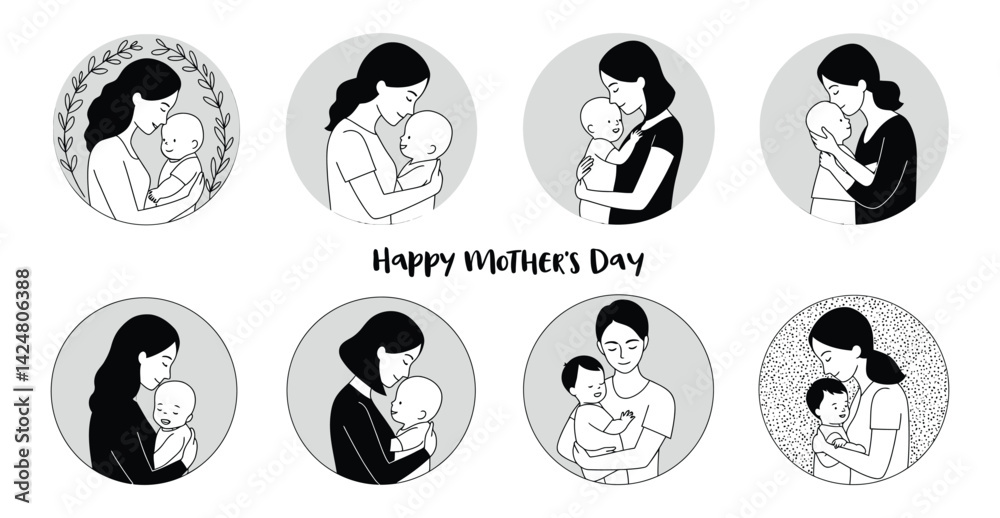 Fototapeta premium Celebrate Motherhood with Grace Inspiring Silhouette Illustrations for Mother's Day. white background