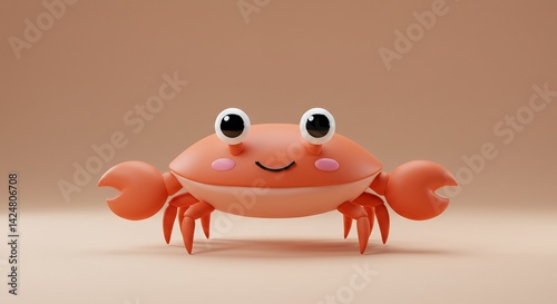 Cute Cartoon Crab Character in 3D Render with Pastel Colors Big Eyes and Cheerful Grin Playful Theme Perfect for Children's Illustrations and Decorative Purposes