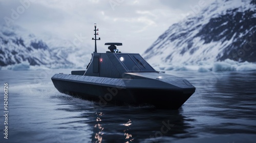 Futuristic military boat on icy water