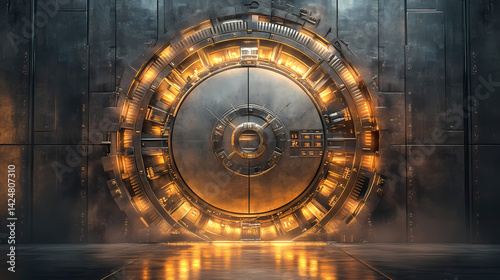 Wallpaper Mural Mysterious futuristic vault door: sci-fi industrial setting. Obsidian Vault. Illustration Torontodigital.ca