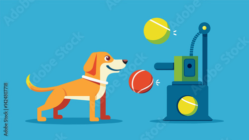 A hightech ball launcher that automatically throws a tennis ball for your dog to fetch ensuring they get plenty of cardio without wearing out your own. Vector illustration