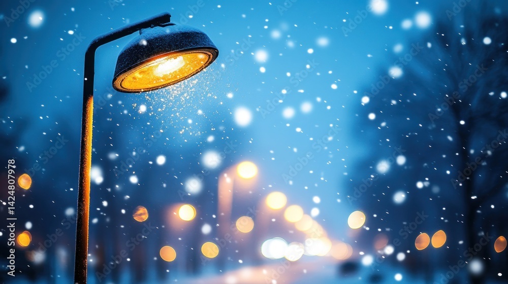 Fototapeta premium Snowy Night Lightscape: A Winter's Evening Scene