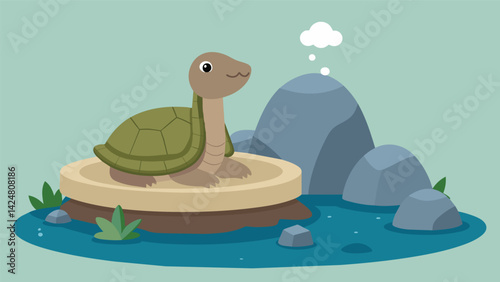 A stoic turtle rests on a rock beneath the trickling water of a serene natural stone pet fountain taking in just the right amount of moisture needed.. Vector illustration
