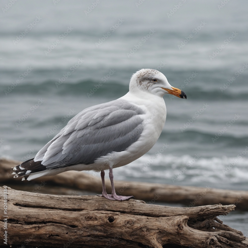 Common gull (Larus canus) standing on a rocky shore of the lake Close-up Of Seagull Perching On Boardwalk, only one leg Common gull (Larus canus) standing on a rocky shore of the lake Close-up Of Seagull Perching On Boardwalk, only one leg