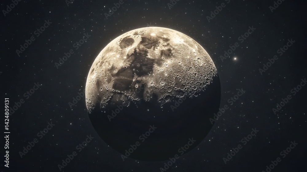 Obraz premium Stunning view of the moon shining brightly in the night sky, surrounded by stars and cosmic beauty. A captivating celestial scene.