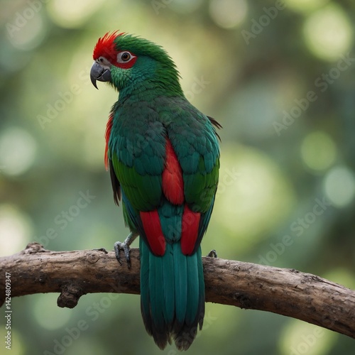 A vibrant macaw perched gracefully on a branch, showcasing its colorful feathers in a lush green environment