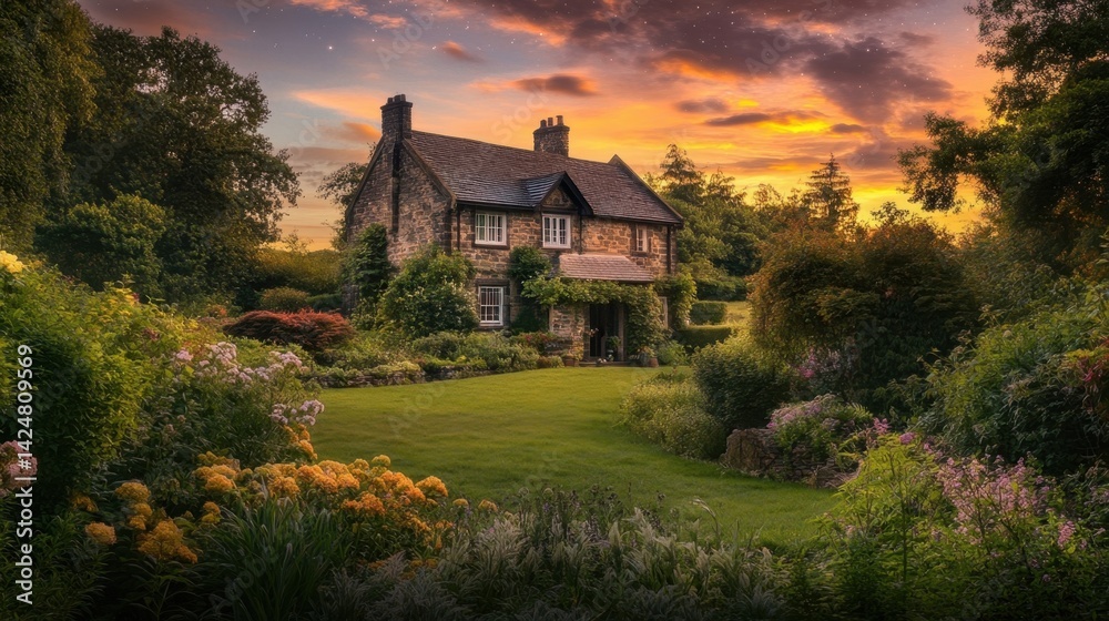 Obraz premium Charming countryside house surrounded by vibrant gardens at sunset, a peaceful retreat in nature’s beauty.