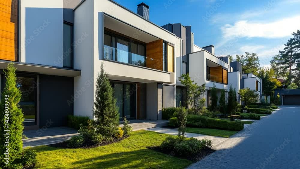 Modern Residential Complex with Landscaped Front Yards on a Sunny Day, contemporary living Modern Residential Complex with Landscaped Front Yards on a Sunny Day, contemporary living