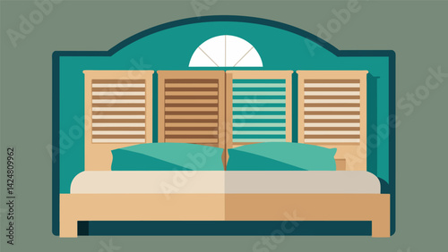 A DIY headboard made from repurposed shutters adding a rustic and sustainable touch to the bed.. Vector illustration
