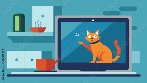 A video is played on a screen showing the gadget in action. Heres a reallife example of how this gadget alerted a pet owner when their cat. Vector illustration