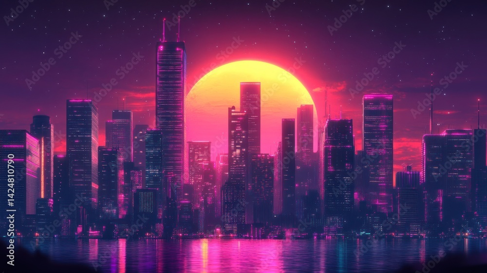 Fototapeta premium Retro Cityscape at Sunset: Neon Lights and Giant Sun