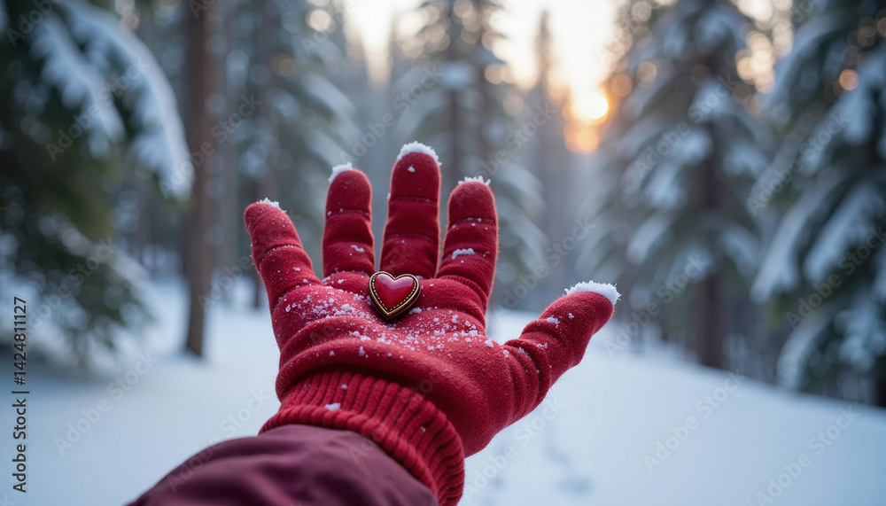 Red Mittens with Heart Reaching for Winter Sunset in Snowy Forest